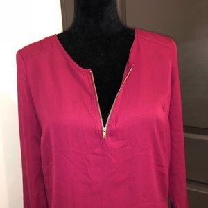 Deep Red Zip Blouse with Pleated Back